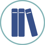 Dark blue icon of three books in a light blue circle, with the rightmost book leaning on the other two