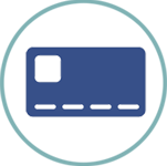 Dark blue icon of a library card in a light blue circle