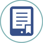 Dark blue icon of an electronic book in a light blue circle